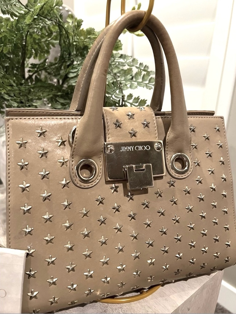 Authentic Jimmy Choo Taupe
Leather Star Studded Satchel
Shoulder/Crossbody Bag